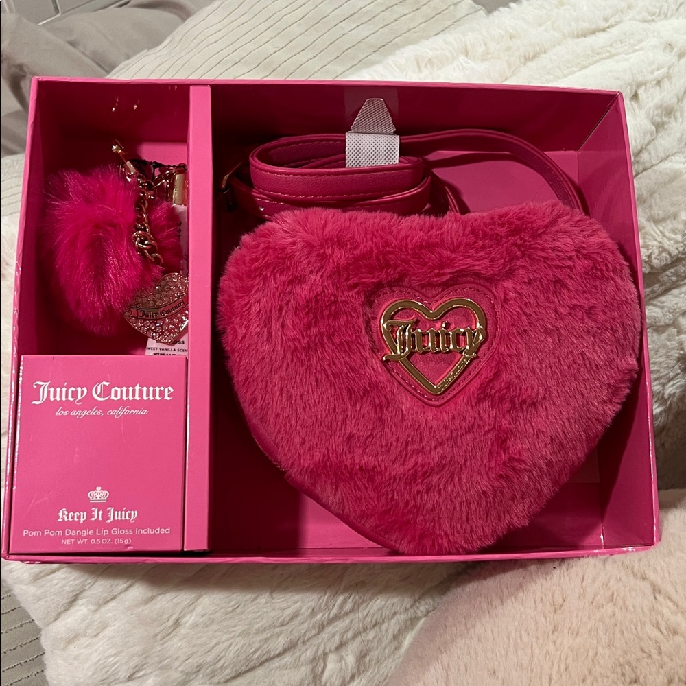 Juicy Couture Fuzzy Pink Heart Bag with Gold Logo